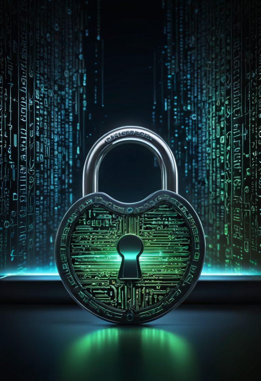 A mysterious digital landscape representing AES encryption, with a large, glowing padlock in the center symbolizing security. Around the padlock, intricate patterns of binary code flow like a river, signifying data encryption, while magnifying glasses hover over sections to represent audits and analysis. The background should be a mix of dark blue and black to create a sense of depth, with hints of neon green and bright white light illuminating the padlock. super-realistic. vibrant colors. cyberpunk.