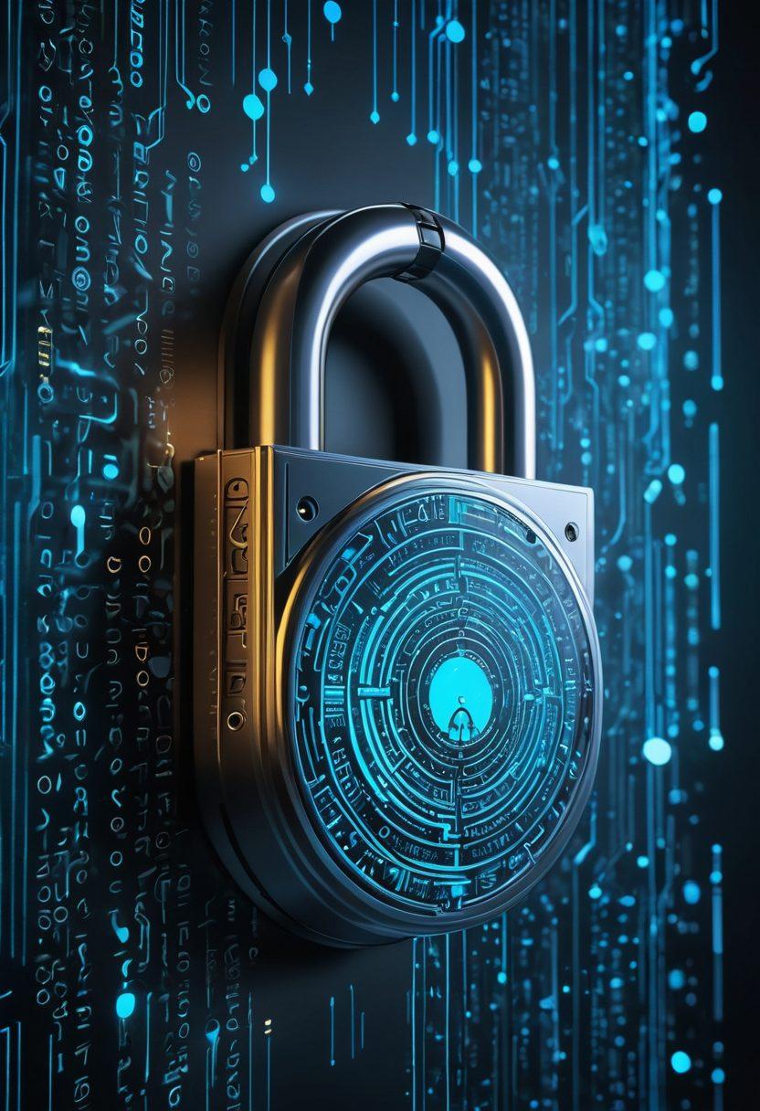 A digital lock with intricate designs symbolizing data security, surrounded by flowing streams of encrypted binary code. In the background, a virtual shield representing advanced encryption solutions glows with a blue hue. The overall atmosphere should convey a sense of protection and innovation in technology. cyberpunk. vibrant colors. super-realistic.