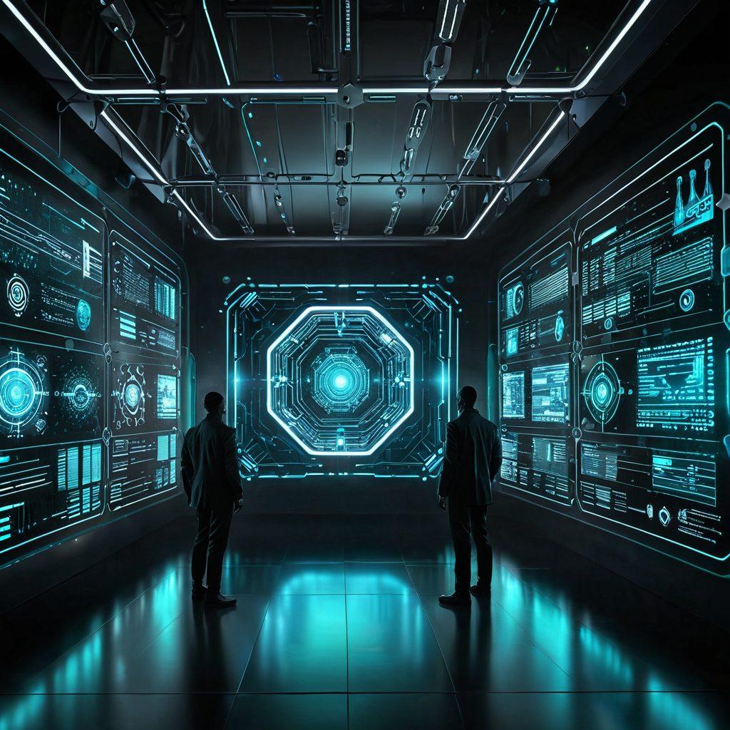 A futuristic digital landscape showcasing advanced cybersecurity technology with a glowing AESCAN interface at the center. Surround the interface with floating holographic shields, data streams, and binary code, creating an aura of protection and innovation. Use a color palette of blue, silver, and green tones to emphasize a high-tech atmosphere. Include elements representing AI and cyber defense, such as robotic figures and secure networks. cyberpunk. vibrant colors. 3D.